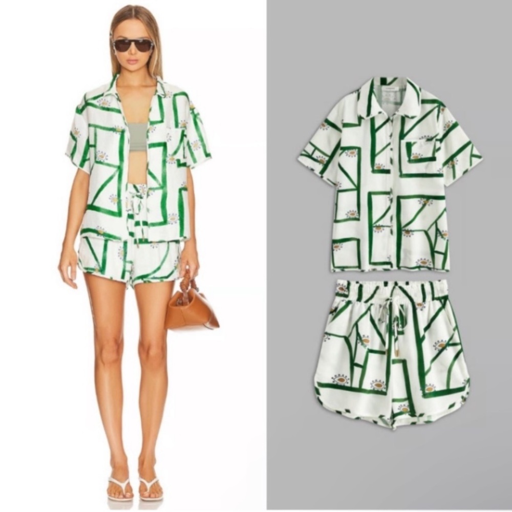 NWT SET Anthropologie Sancia Ayla Linen 2 Piece Short Set in olive green & white - Picture 4 of 15